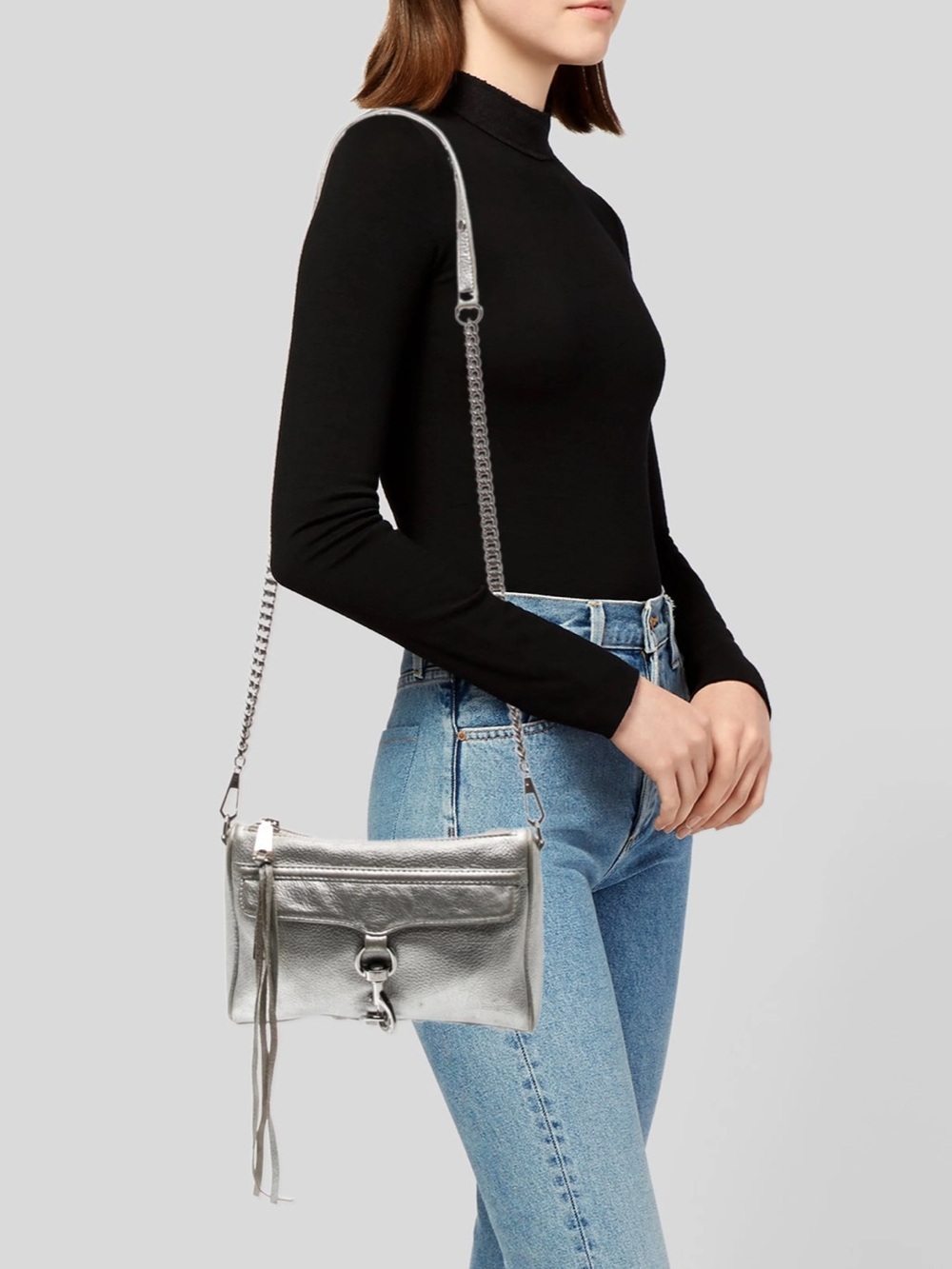 {Rebecca Minkoff} Mini Mac Metallic Silver Leather Shoulder Bag with Chain Strap